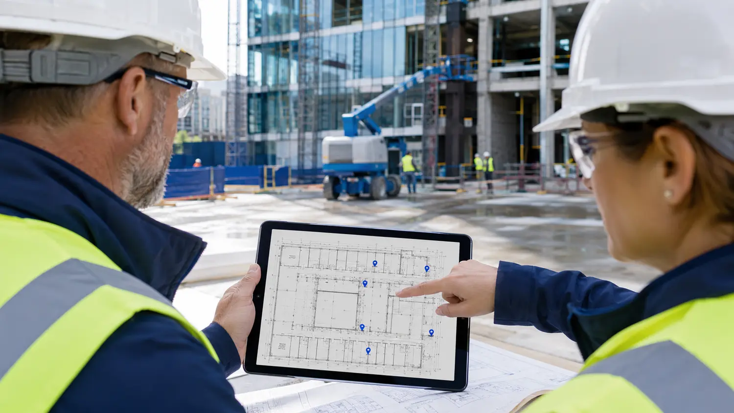 Construction professionals pinning controlled work locations to a digital plan